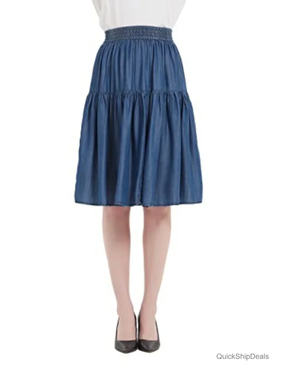 Tencel Denim Tiered A-Line Skirt Women Knee Length Elastic Waist